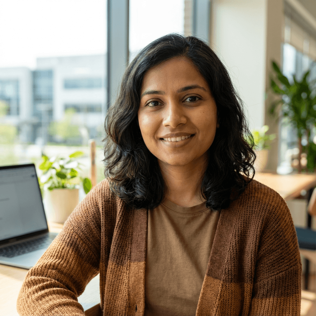 Priya Sharma in blazer in corporate office setting
