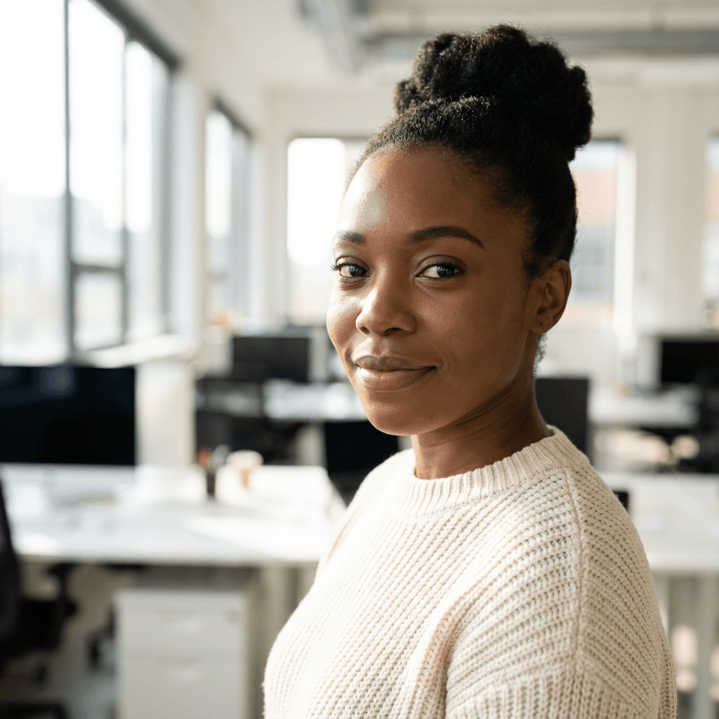 Diane Mwangi in professional attire smiling in modern office