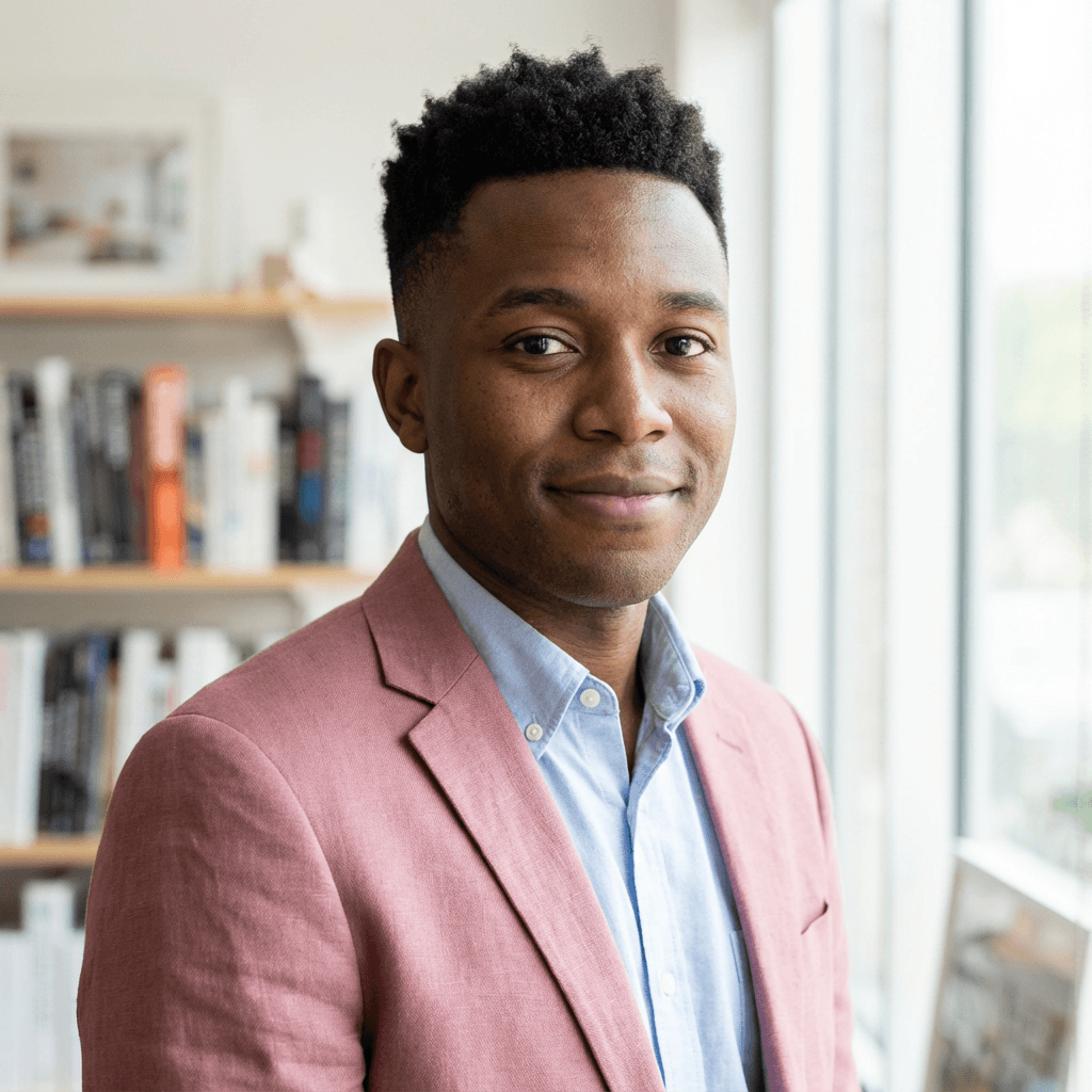Liam O'Connell smiling in bright home office