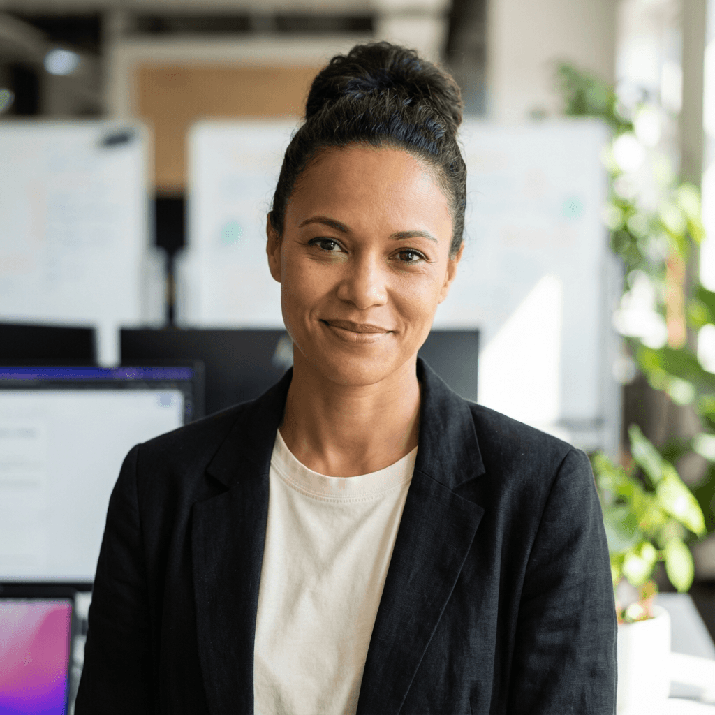 Elena Petrova in a professional blazer in an office