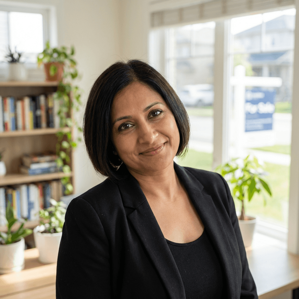 Priya Sharma in a blazer in a modern workspace
