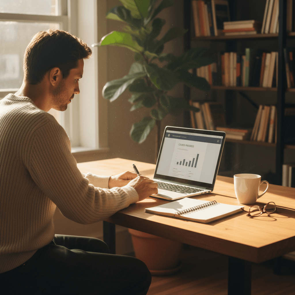 Professional adult student watching online course on laptop in a bright modern home office