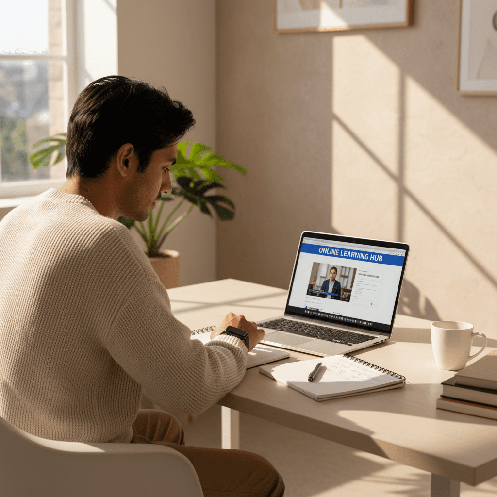 Adult learner using a laptop for online training in a bright, modern setting
